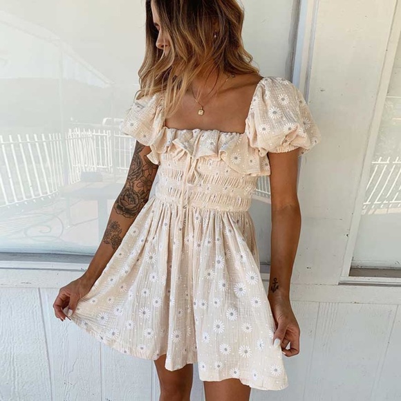 Cream Boho OFF shoulder Floral Print Mini  DRESS - Picture 7 of 9